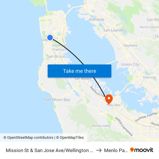 Mission St & San Jose Ave/Wellington Ave to Menlo Park map