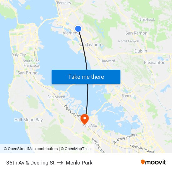 35th Av & Deering St to Menlo Park map