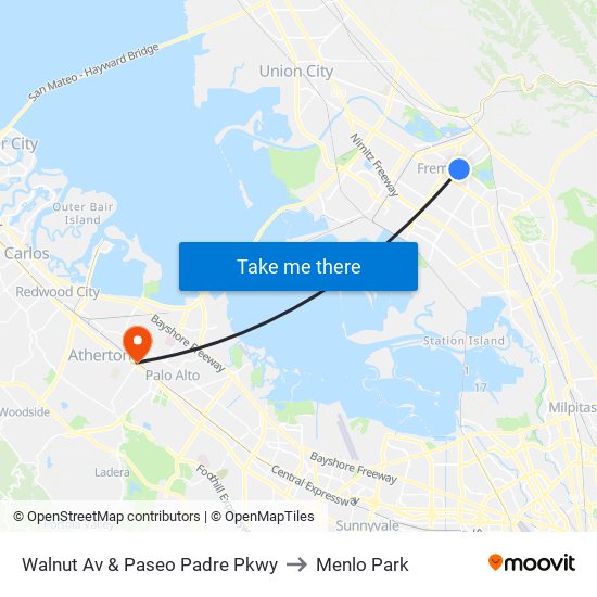 Walnut Av & Paseo Padre Pkwy to Menlo Park map