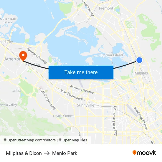 Milpitas & Dixon to Menlo Park map
