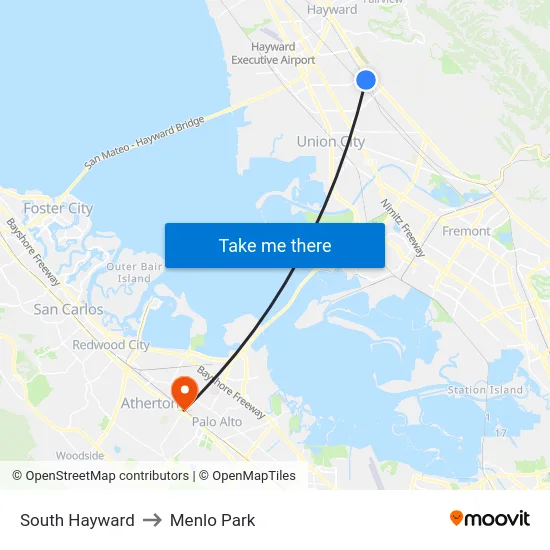 South Hayward to Menlo Park map