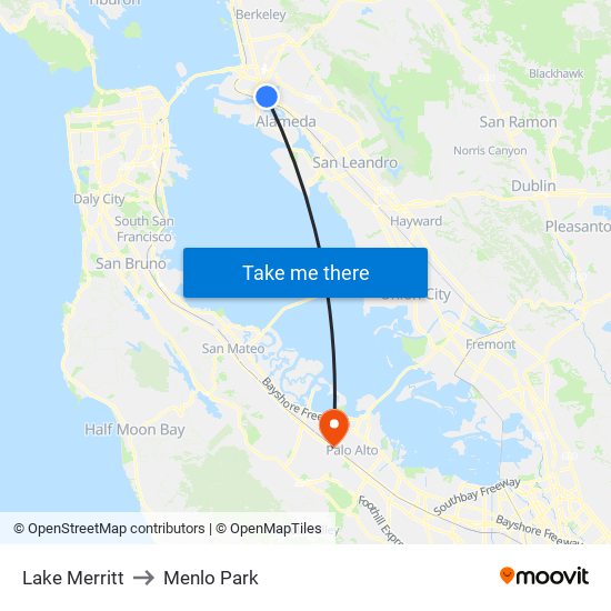 Lake Merritt to Menlo Park map