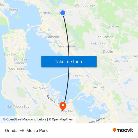 Orinda to Menlo Park map