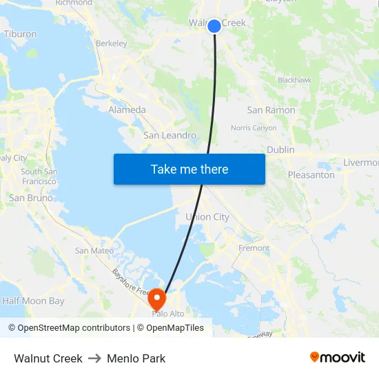 Walnut Creek to Menlo Park map