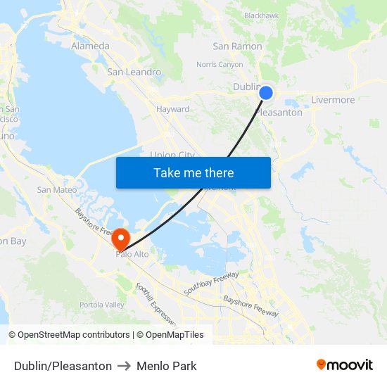 Dublin/Pleasanton to Menlo Park map