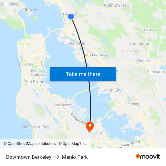 Downtown Berkeley to Menlo Park map