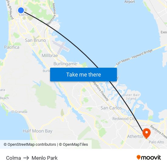 Colma to Menlo Park map