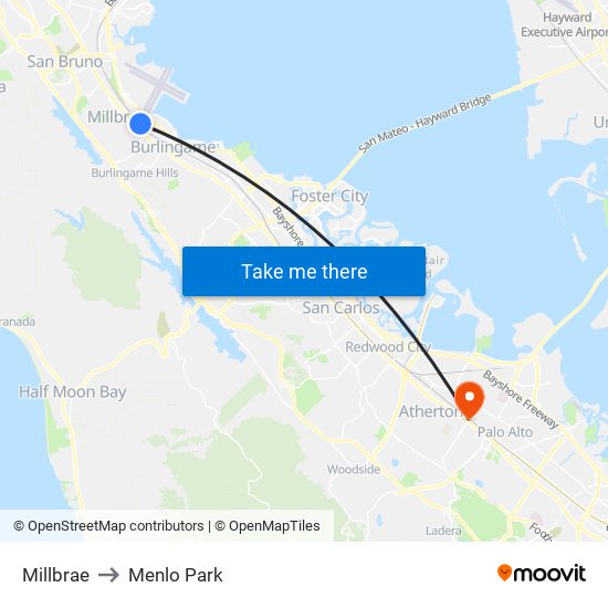 Millbrae to Menlo Park map