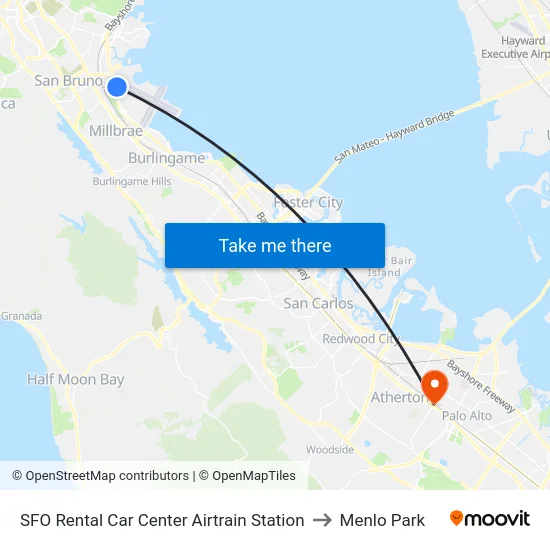 SFO Rental Car Center Airtrain Station to Menlo Park map
