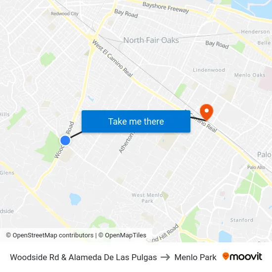 Woodside Rd & Alameda De Las Pulgas to Menlo Park map