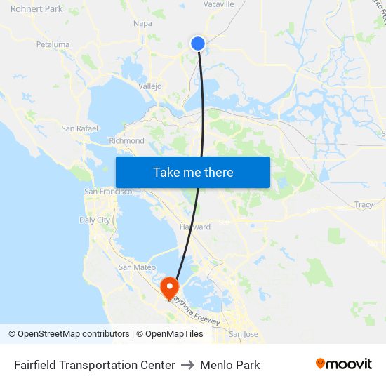 Fairfield Transportation Center to Menlo Park map