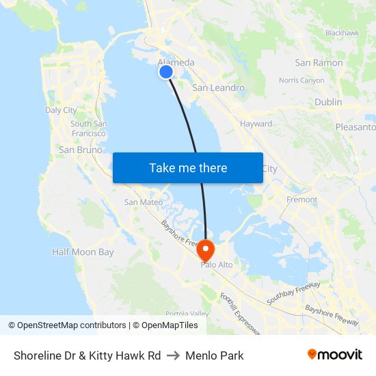 Shoreline Dr & Kitty Hawk Rd to Menlo Park map