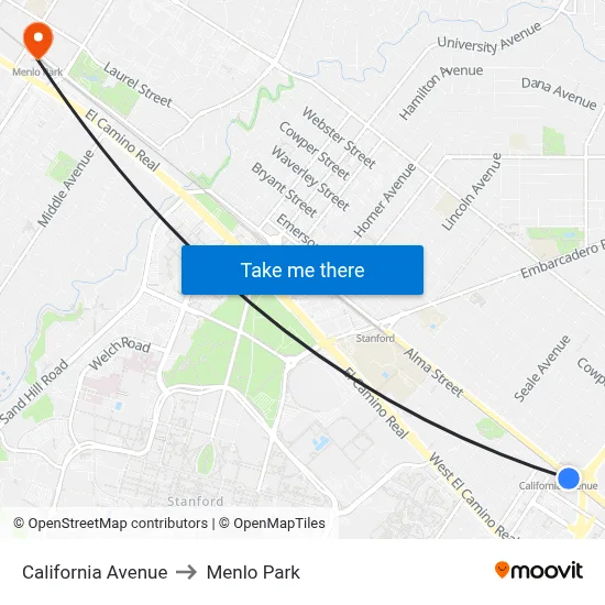 California Avenue to Menlo Park map