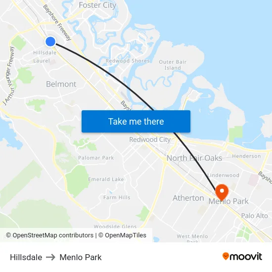 Hillsdale to Menlo Park map