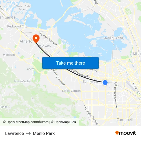 Lawrence to Menlo Park map