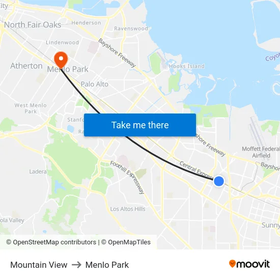 Mountain View to Menlo Park map