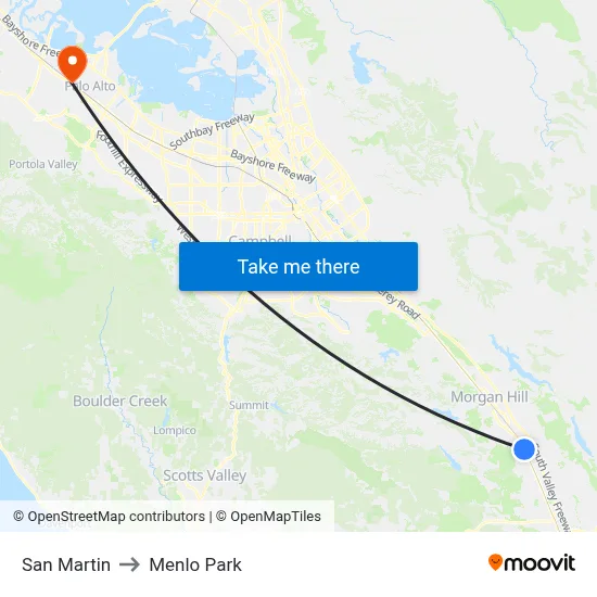 San Martin to Menlo Park map