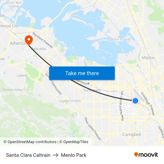 Santa Clara Caltrain to Menlo Park map