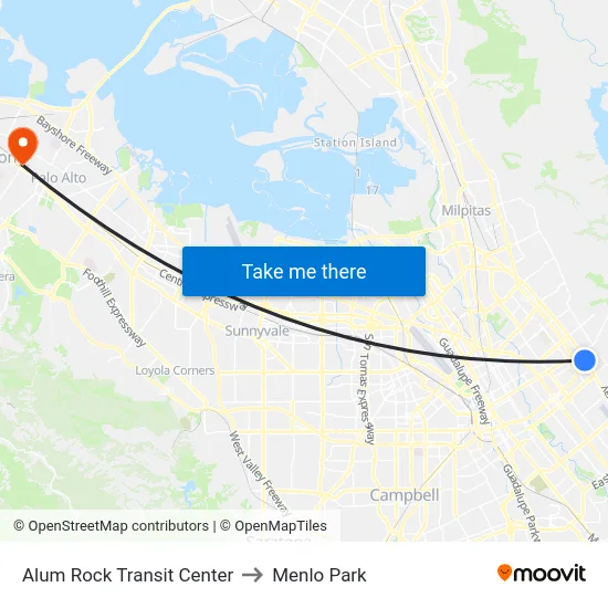 Alum Rock Transit Center to Menlo Park map