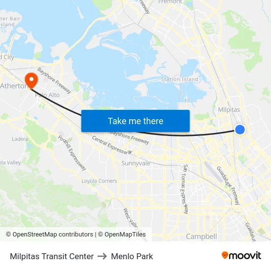 Milpitas Transit Center to Menlo Park map