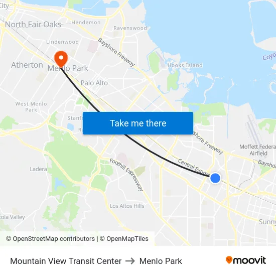 Mountain View Transit Center to Menlo Park map