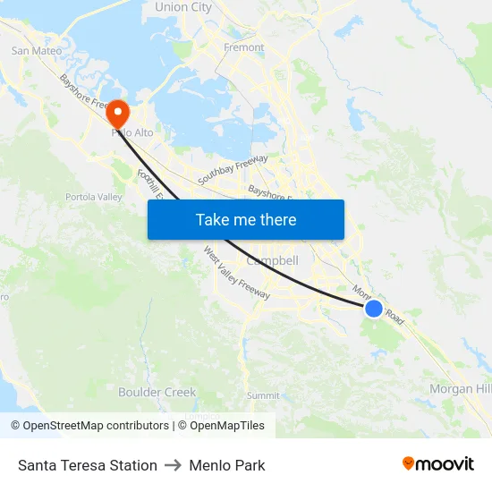 Santa Teresa Station to Menlo Park map