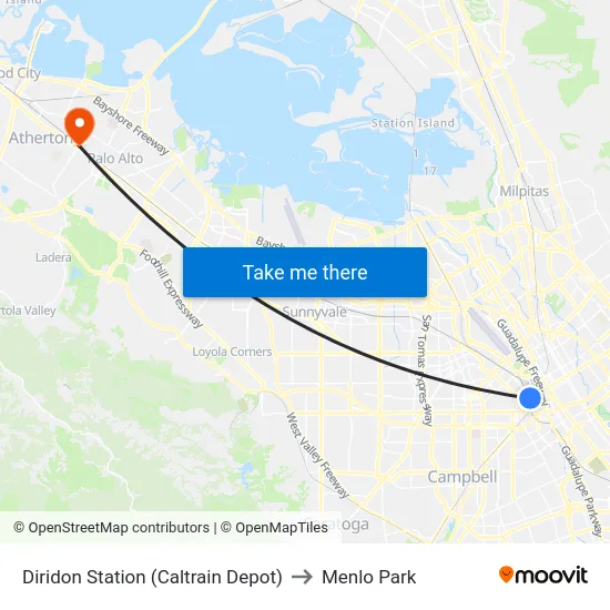 Diridon Station (Caltrain Depot) to Menlo Park map