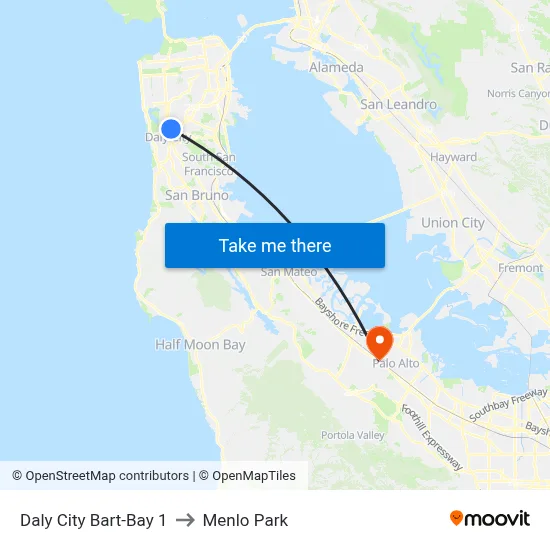 Daly City Bart-Bay 1 to Menlo Park map