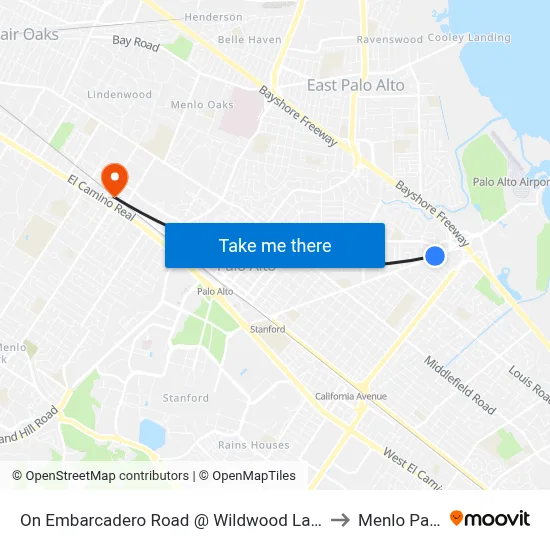 On Embarcadero Road @ Wildwood Lane to Menlo Park map