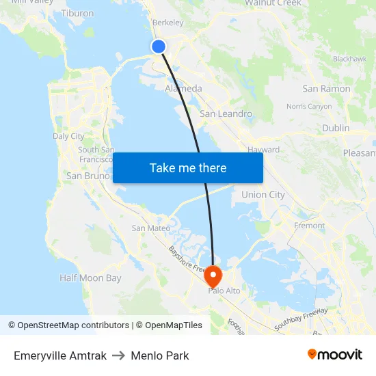 Emeryville Amtrak to Menlo Park map