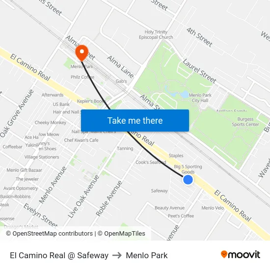 El Camino Real @ Safeway to Menlo Park map
