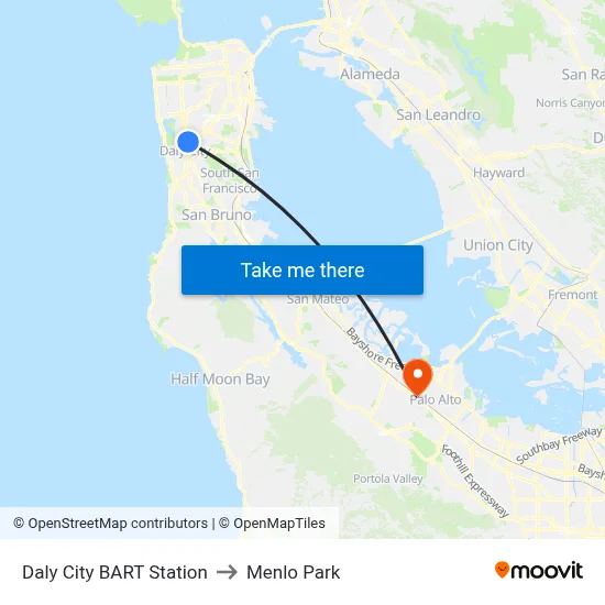 Daly City BART Station to Menlo Park map