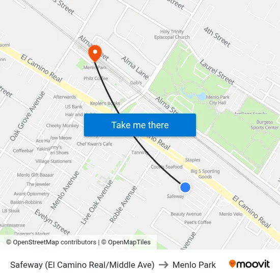 Safeway (El Camino Real/Middle Ave) to Menlo Park map