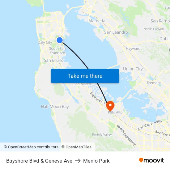 Bayshore Blvd & Geneva Ave to Menlo Park map