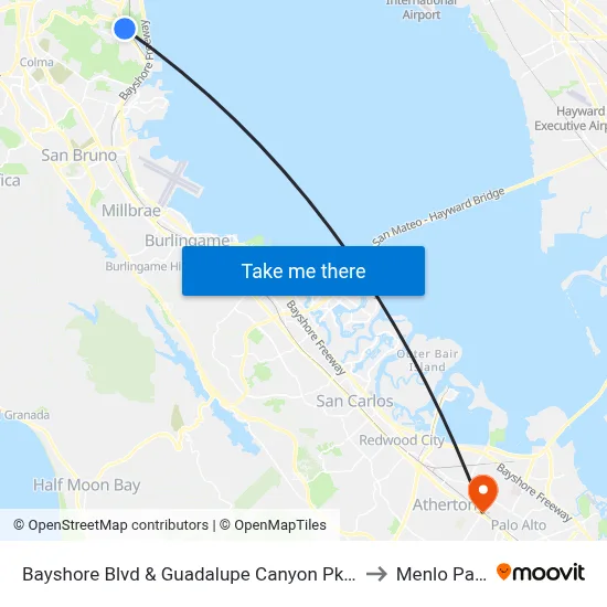 Bayshore Blvd & Guadalupe Canyon Pkwy to Menlo Park map
