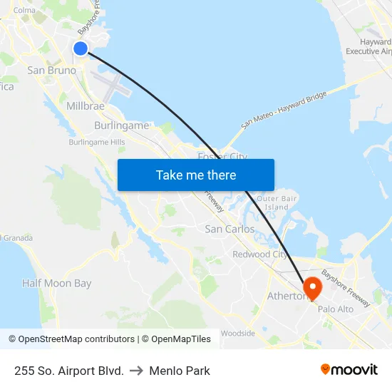 255 So. Airport Blvd. to Menlo Park map