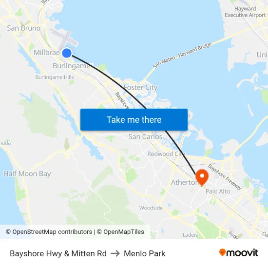 Bayshore Hwy & Mitten Rd to Menlo Park map