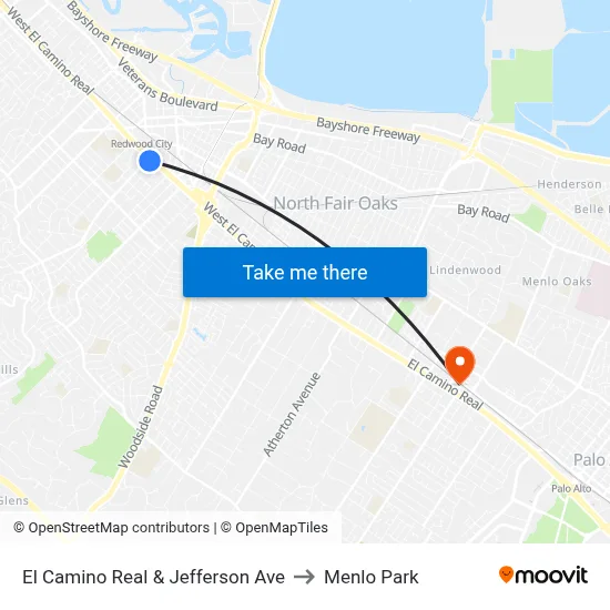 El Camino Real & Jefferson Ave to Menlo Park map