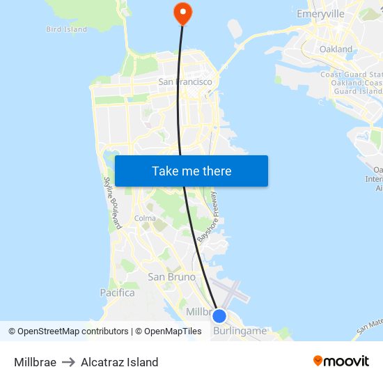 Millbrae to Alcatraz Island map