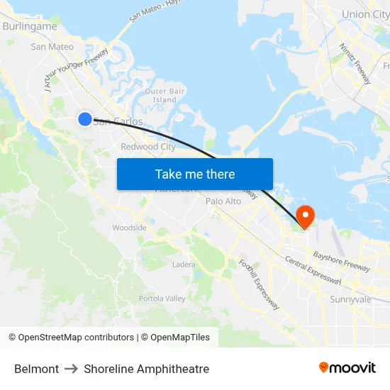 Belmont to Shoreline Amphitheatre map