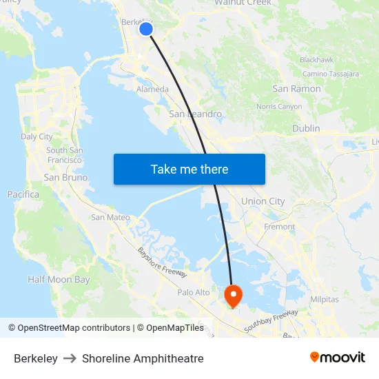 Berkeley to Shoreline Amphitheatre map