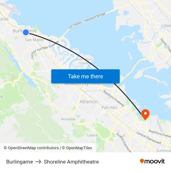 Burlingame to Shoreline Amphitheatre map