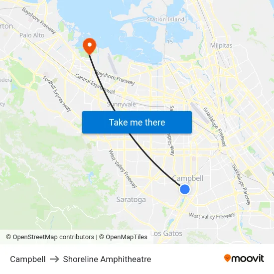 Campbell to Shoreline Amphitheatre map