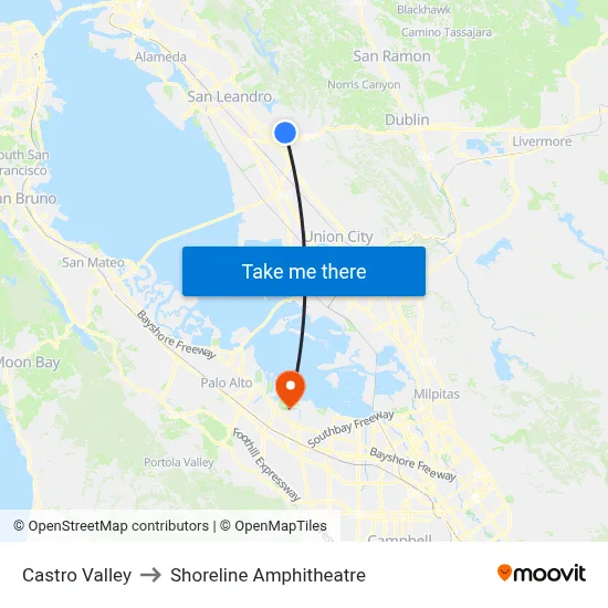 Castro Valley to Shoreline Amphitheatre map