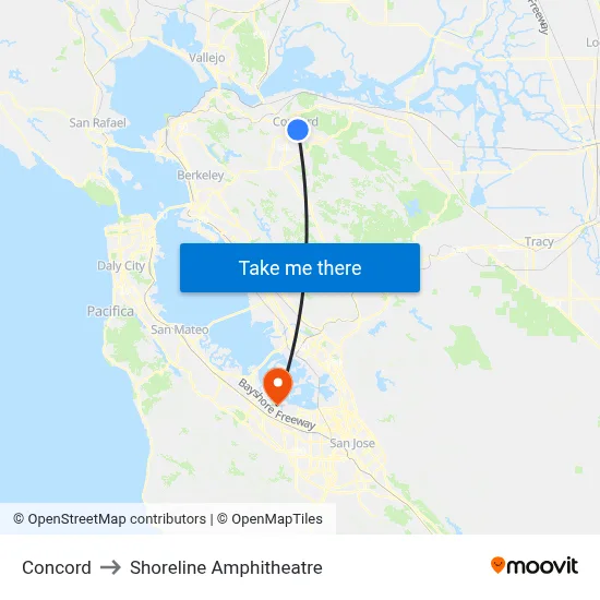 Concord to Shoreline Amphitheatre map