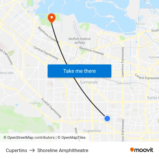 Cupertino to Shoreline Amphitheatre map
