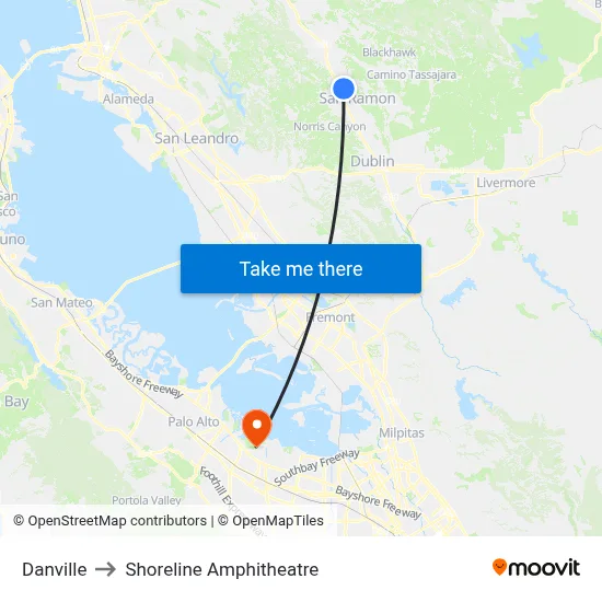 Danville to Shoreline Amphitheatre map