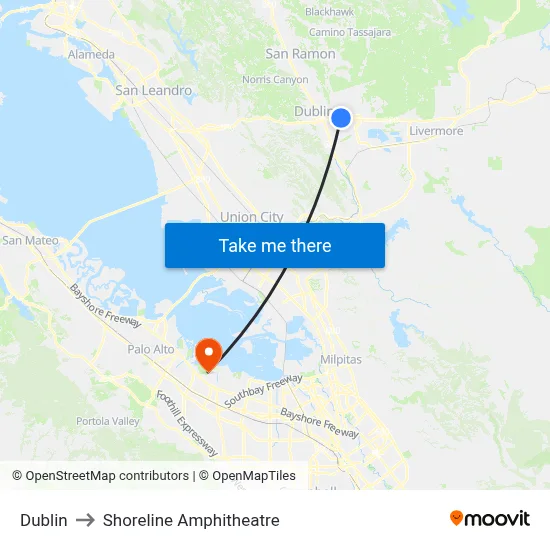 Dublin to Shoreline Amphitheatre map