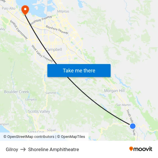 Gilroy to Shoreline Amphitheatre map