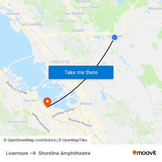 Livermore to Shoreline Amphitheatre map